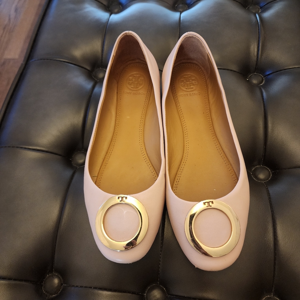 Tory Burch Caterina Pink leather Ballet Flats with Gold Accents
